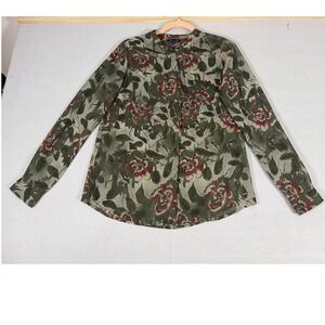 Tommy Hilfiger Womens Olive Green Floral Long Sleeve Button Down Blouse‎ Size M